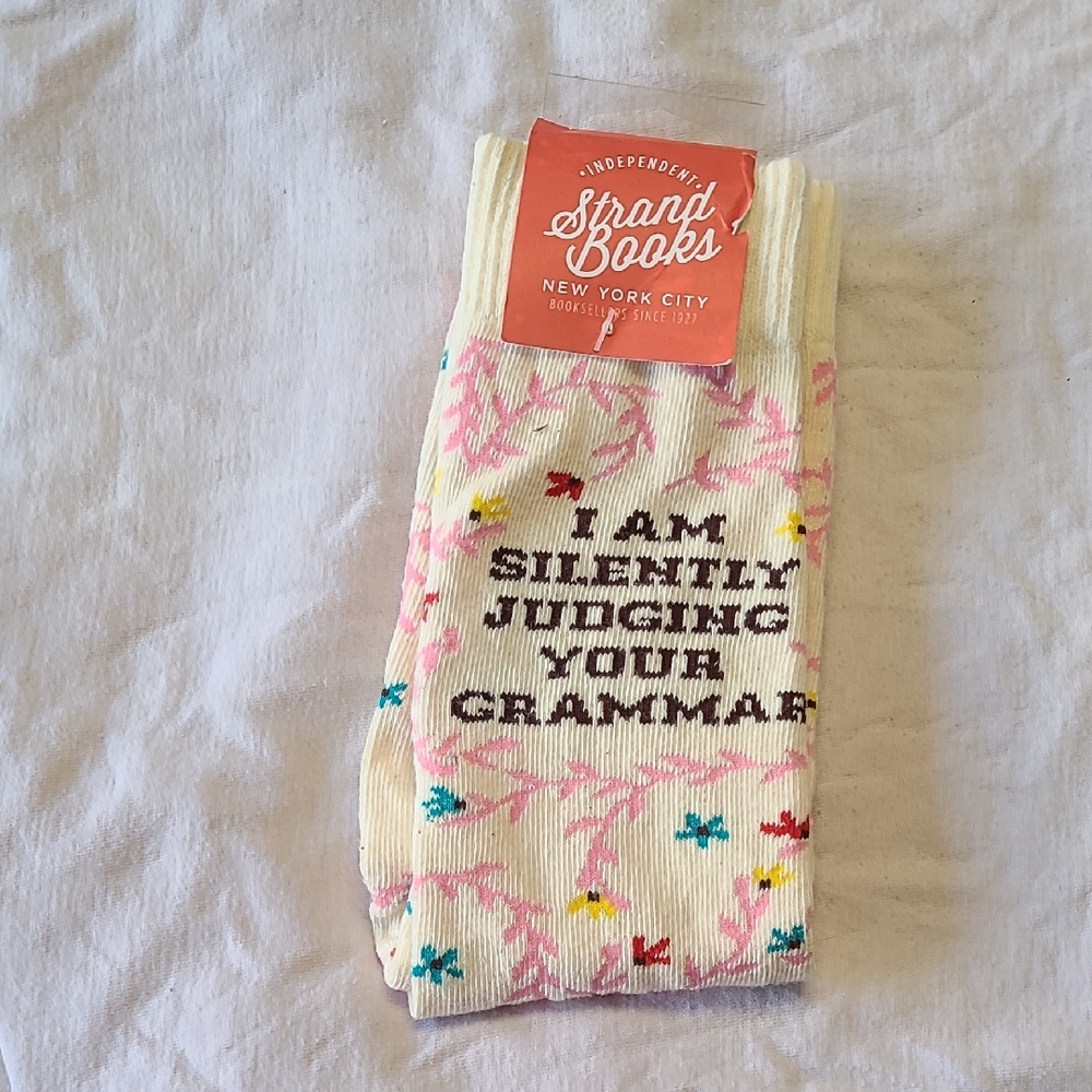 NEW Strand Books NYC crew socks funny "silently judging your grammar" floral